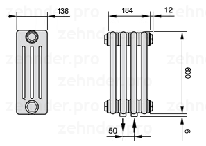 Схема (чертеж) Радиатор Zehnder Charleston 4060/4 №5410 Белый глянцевый RAL 9016